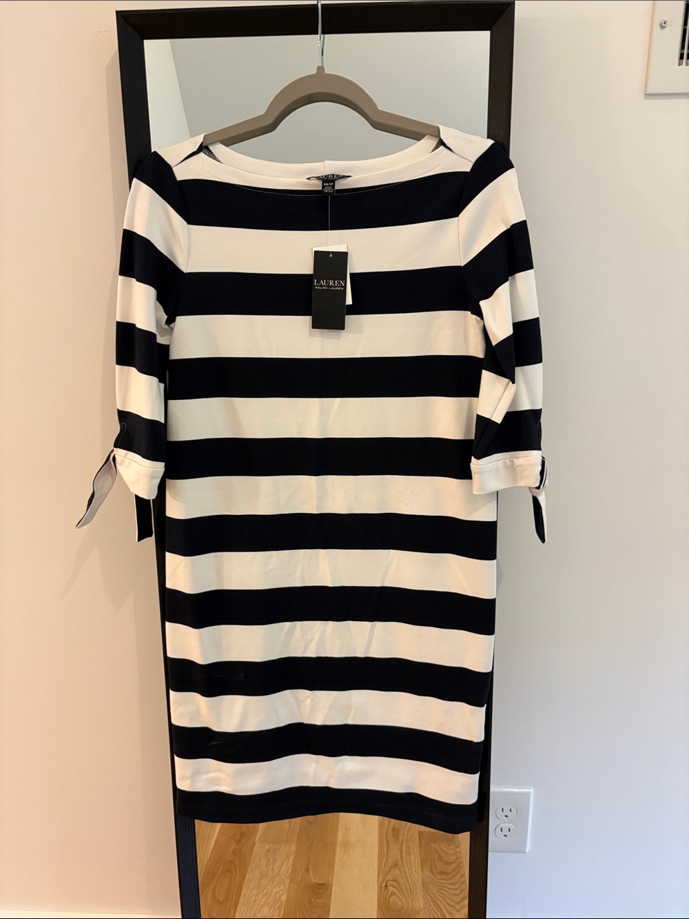 Lauren Ralph Lauren Black and White Striped Tie-Sleeve Mini Dress